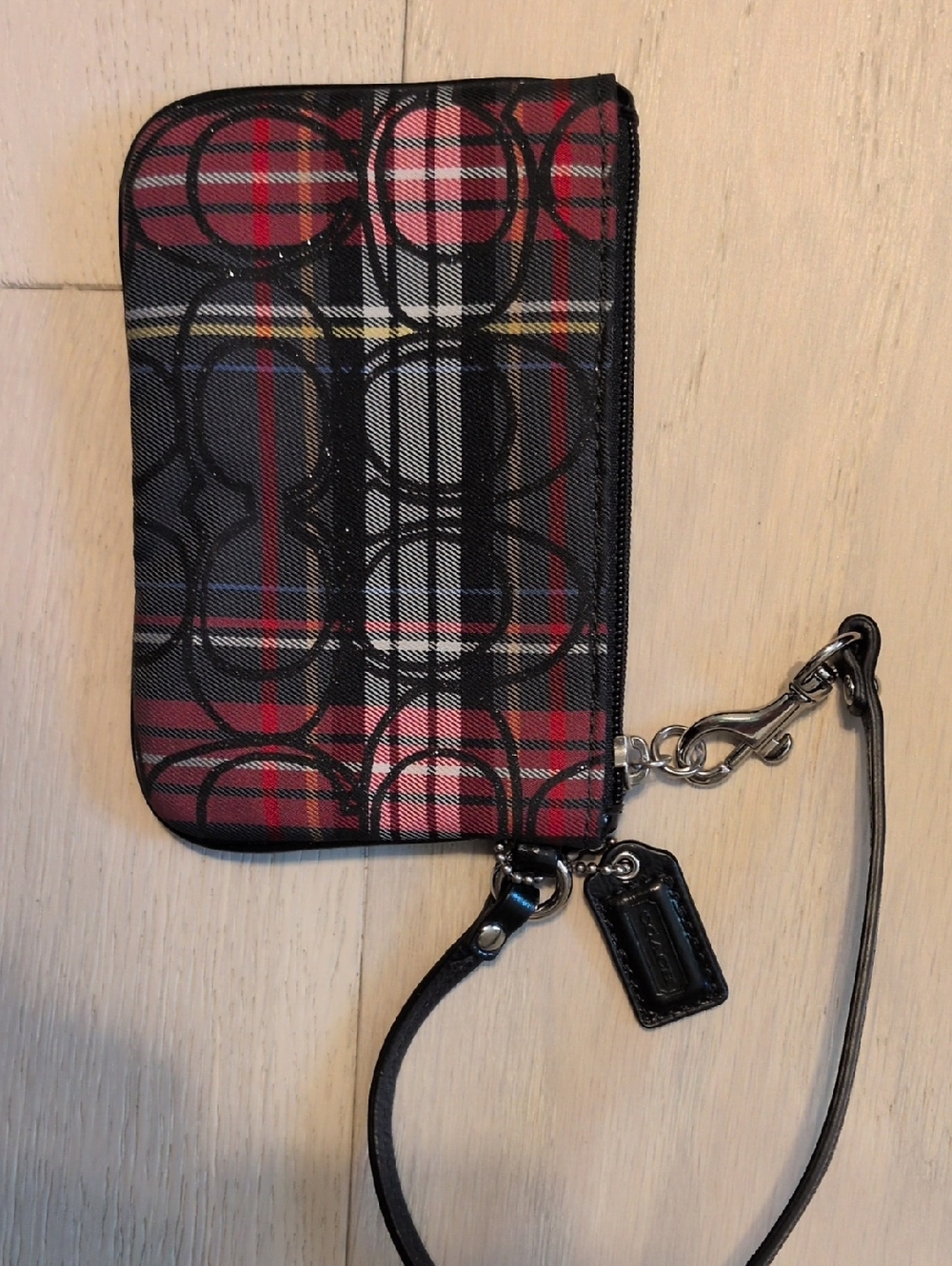 Coach Red Black Plaid Signature Wristlet